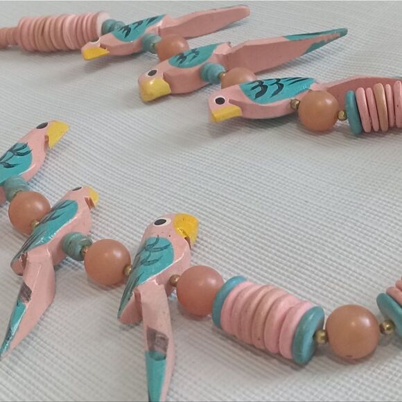 Pink & Blue Painted Wooden Parrot Shaped Beads Single Strand Statement Necklace - Picture 4 of 12